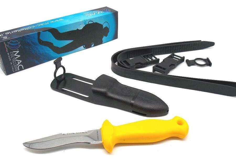 Coltello da sub Mac lama curva 9 cm manico giallo