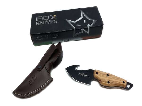 Coltello Fox da scuoio lama 8 cm e manico in olivo con scuoiatore