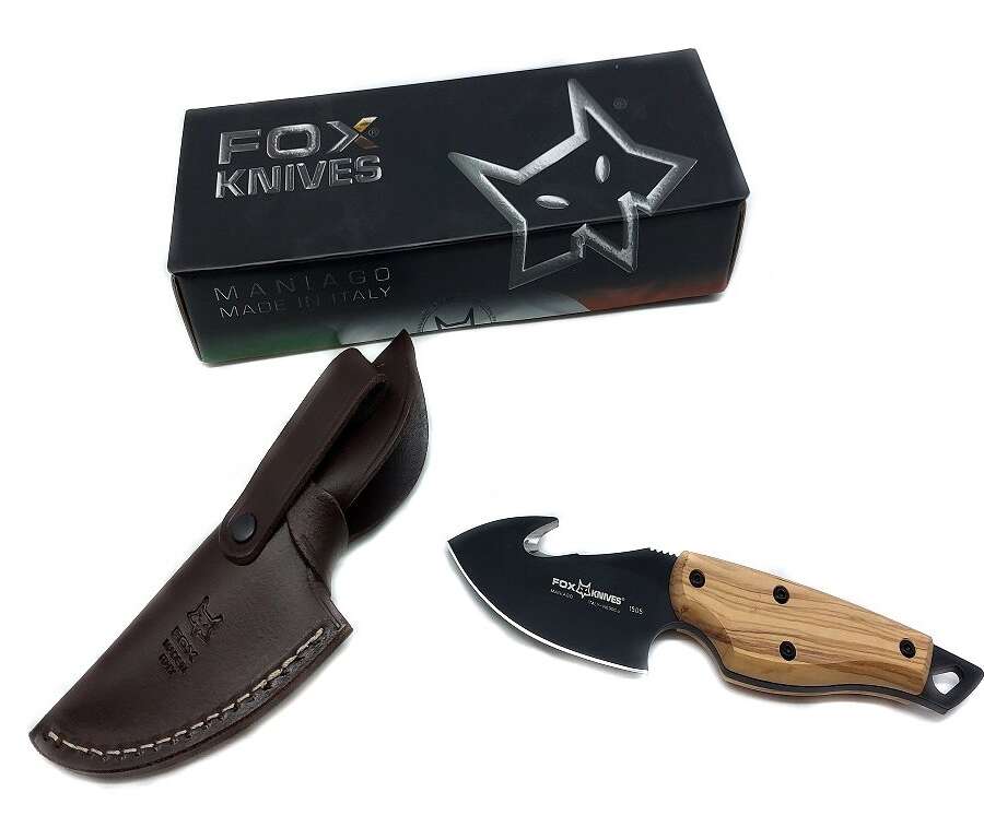 Coltello Fox da scuoio lama 8 cm e manico in olivo con scuoiatore