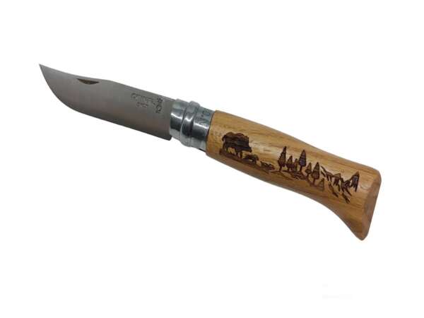 Coltello Opinel inox numero 8 manico legno incisione cinghiale