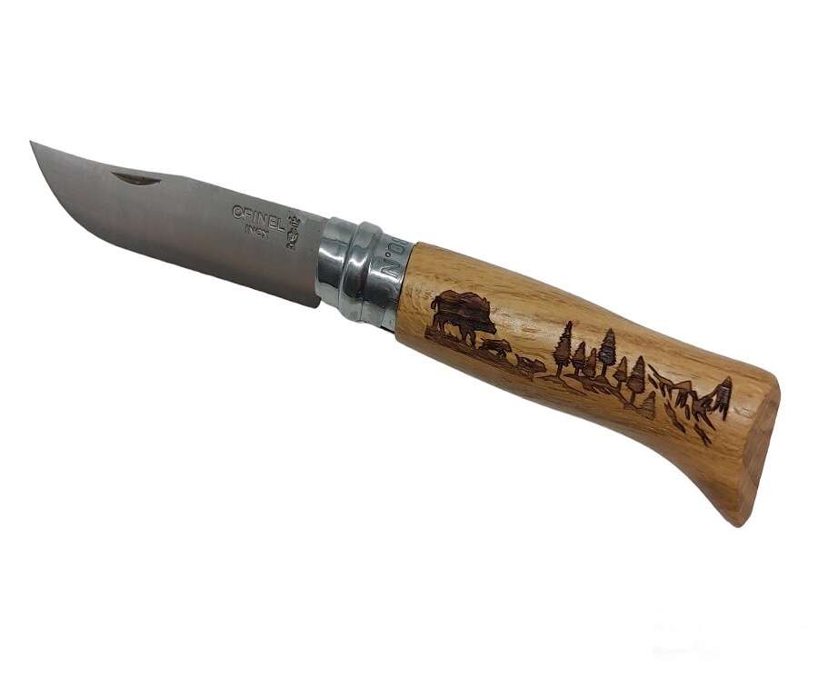 Coltello Opinel inox numero 8 manico legno incisione cinghiale