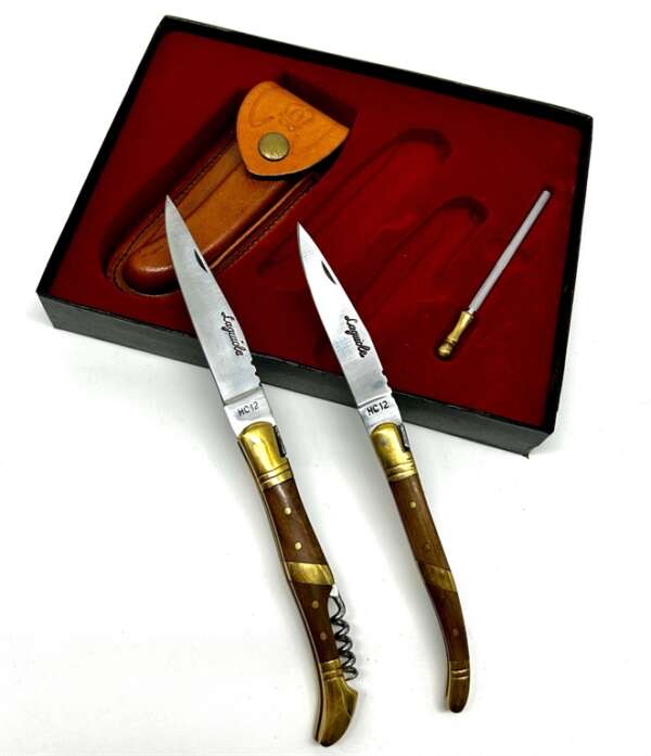 Coltello laguiole set 2 pezzi con affilatore manico marrone - immagine 2