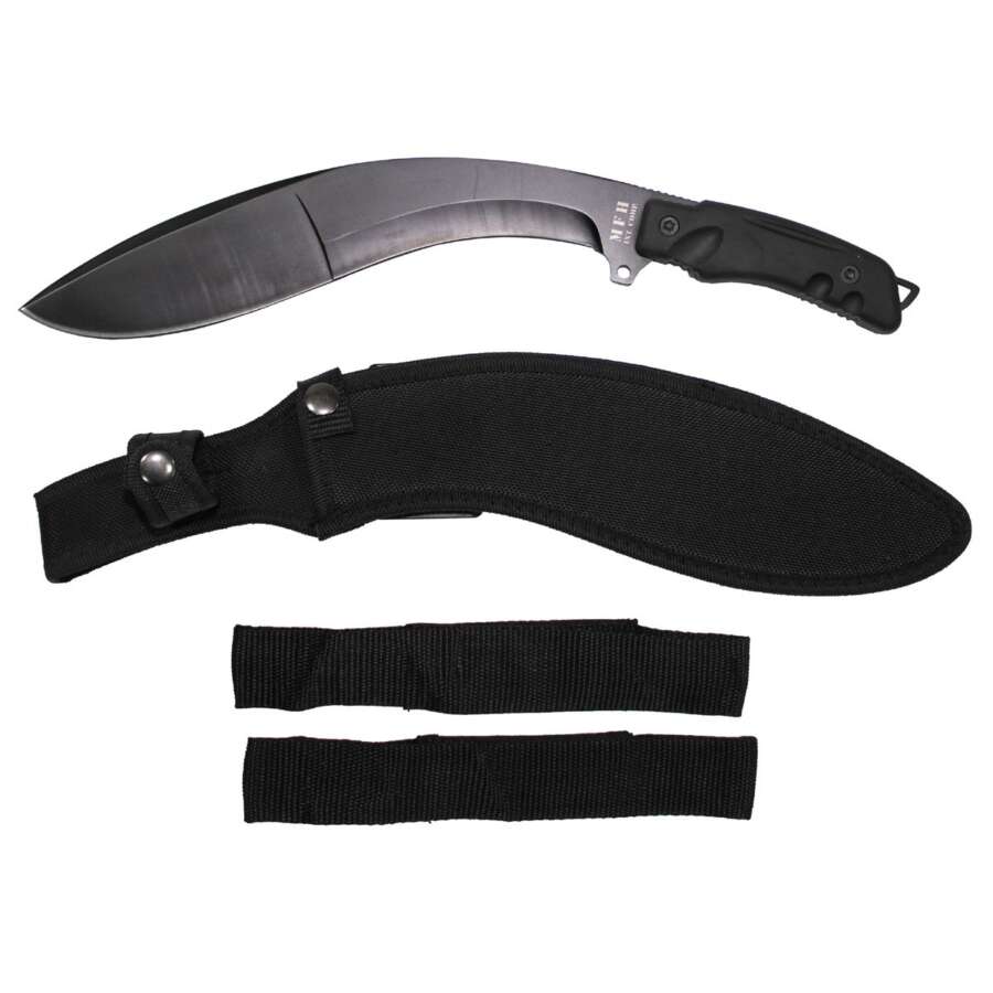 MFH Machete, "Kukri", nero, con fodero in nylon