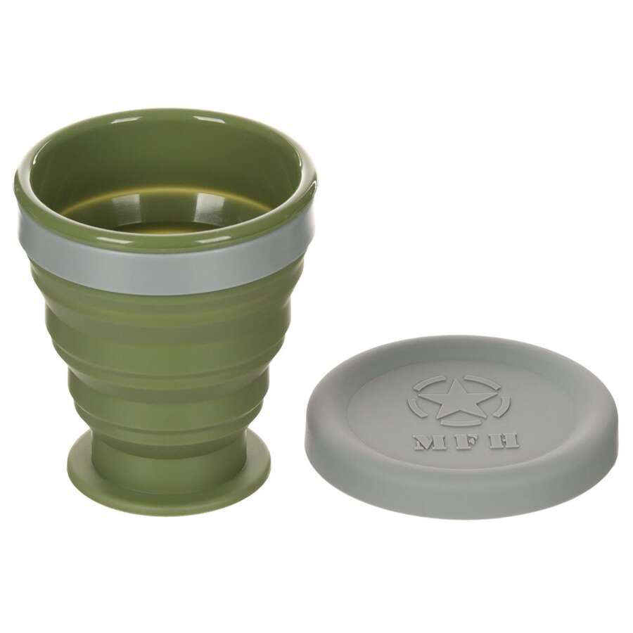Bicchiere pieghevole , con coperchio, silicone, oliva, 200 ml
