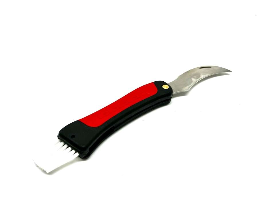 Coltello Mac coglifunghi con manico gommato rosso e nero