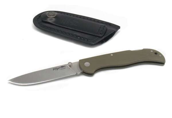 Coltello Fox manico in mikarta verde con fodero in cuoio da cintura