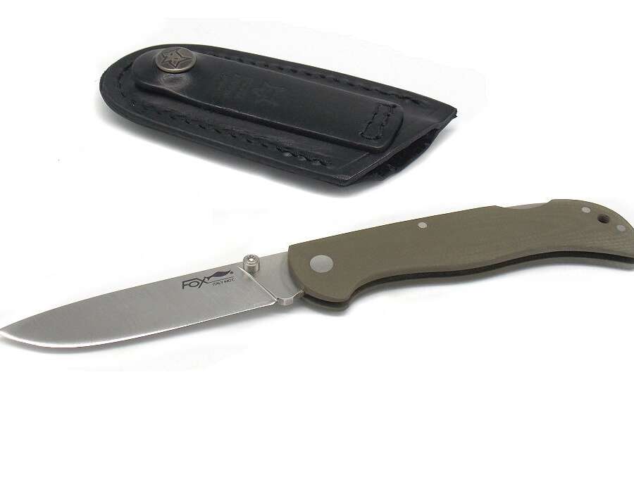 Coltello Fox manico in mikarta verde con fodero in cuoio da cintura