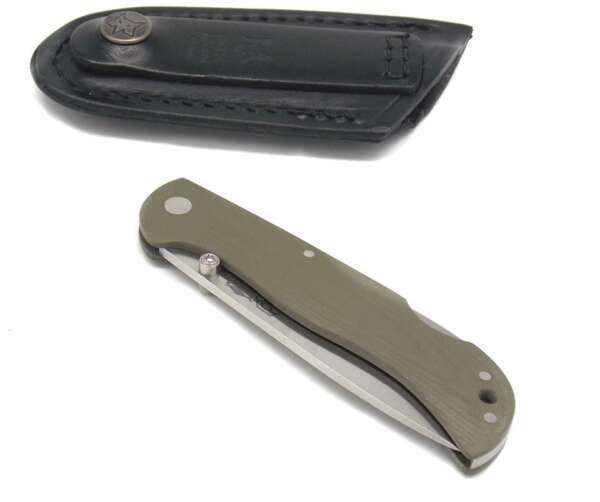Coltello Fox manico in mikarta verde con fodero in cuoio da cintura - immagine 2