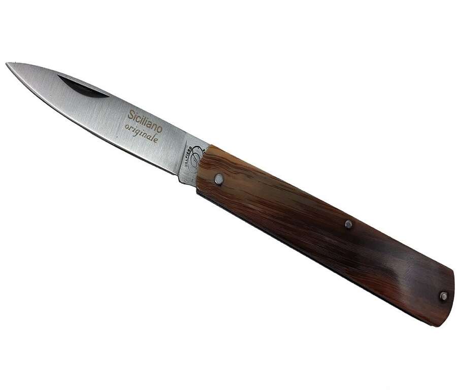 Coltello siciliano manico striato in fibra marrone 21 cm aperto