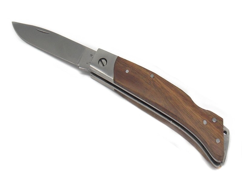 Coltello con blocco lama e manico in legno scuro