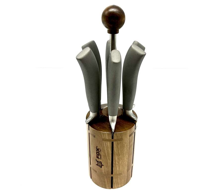 Ceppo in Legno Fox da tavola con 6 coltelli con manico grafite e lama in acciaio inox