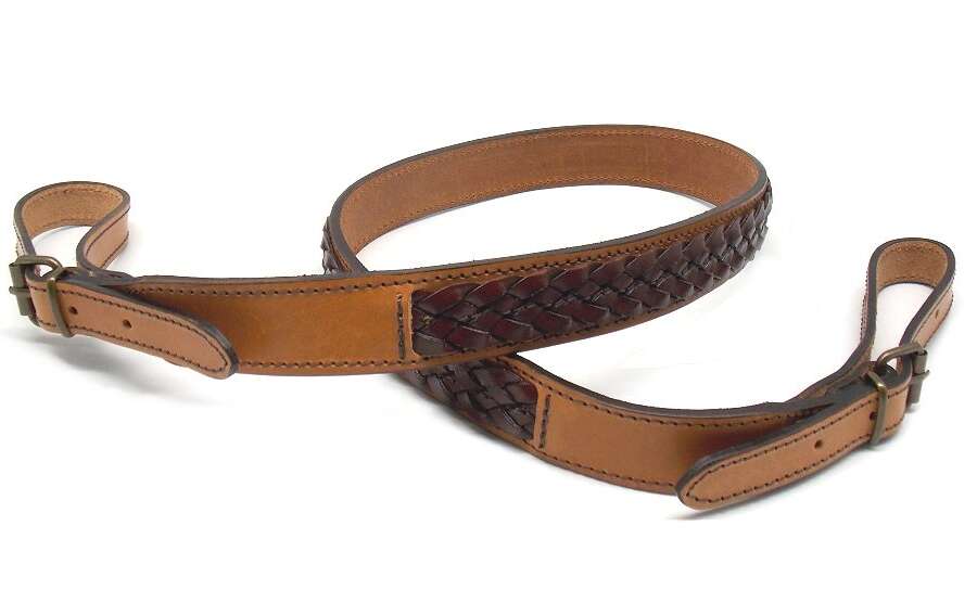 Bretella Delfiero cuoio naturale con treccia riportata cinghia porta fucile
