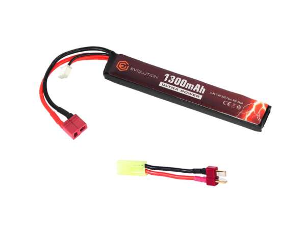 EVOLUTION LI-PO ULTRA POWER 7.4V 1300MAH 20C - 40C PEAK WITH T- PLUG + ADAPTER (MM 12.2X21X130)
