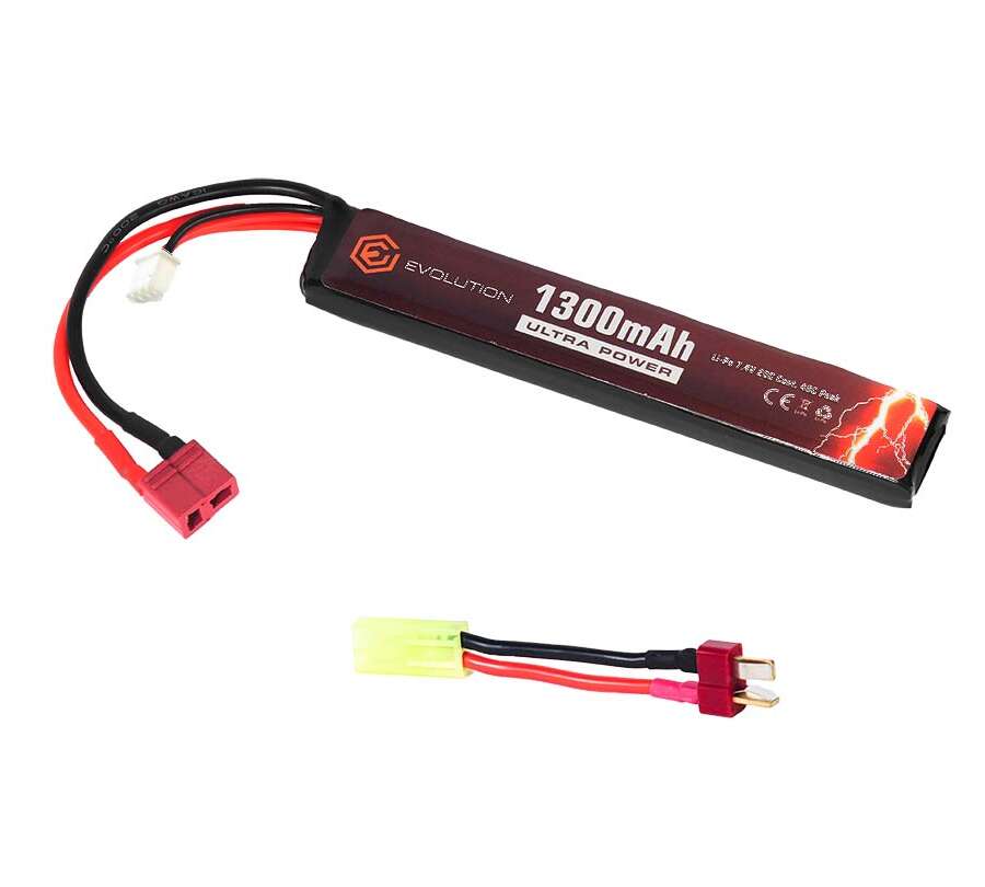 EVOLUTION LI-PO ULTRA POWER 7.4V 1300MAH 20C - 40C PEAK WITH T- PLUG + ADAPTER (MM 12.2X21X130)