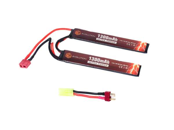 EVOLUTION LI-PO ULTRA POWER 7.4V 1300MAH 20C - 40C PEAK WITH T- PLUG + ADAPTER (2 X MM 6.1X21X130)