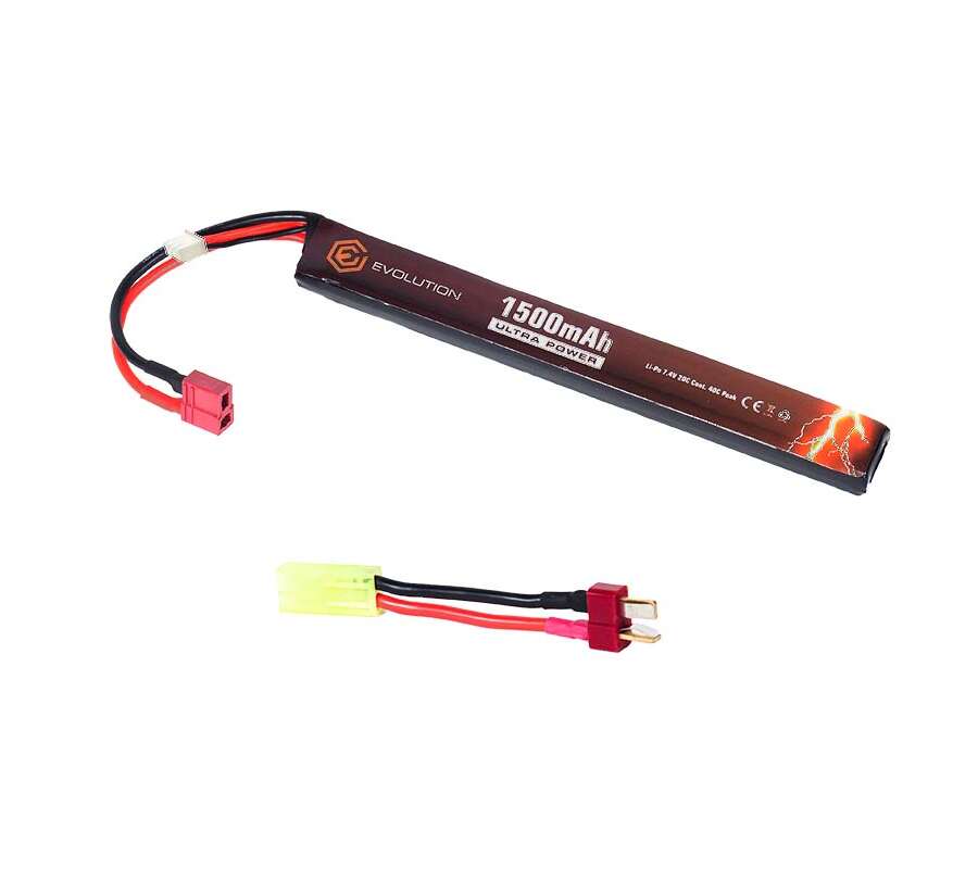 EVOLUTION LI-PO ULTRA POWER 7.4V 1500MAH 20C - 40C PEAK WITH T- PLUG + ADAPTER (MM 15X19X167)