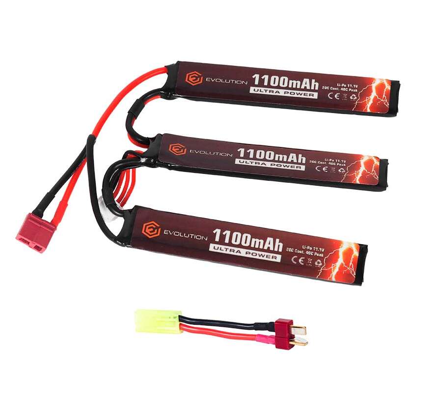 EVOLUTION LI-PO ULTRA POWER 11.1V 1100MAH 20C - 40C PEAK WITH T- PLUG + ADAPTER (3 X MM 5.5X20X103)