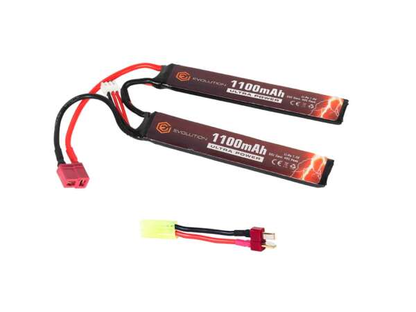 EVOLUTION LI-PO ULTRA POWER 7.4V 1100MAH 20C - 40C PEAK WITH T- PLUG + ADAPTER (2 X MM 5.5X20X103)