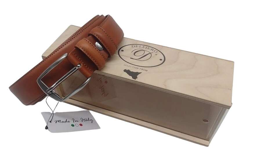 Confezione Delfiero in vetrina legno con Cintura Italiana Delfiero Elegant in Pelle Marrone 35mm con Fibbia Nikel free satinata - 120