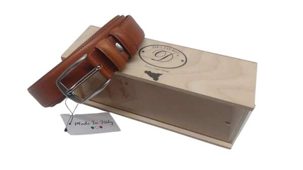 Confezione Delfiero in vetrina legno con Cintura Italiana Delfiero Elegant in Pelle Marrone 35mm con Fibbia Nikel free satinata - 130