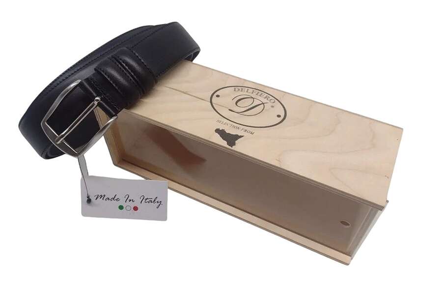 Confezione Delfiero in vetrina legno con cintura Italiana Delfiero Elegant in Pelle Nera 35 mm con Fibbia Nikel Free satinata - 120